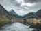 Fjord Geiranger Fjord with ferry boats, view from Ornesvingen viewing point, Norway. Travel destination