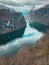 Fjord Geiranger Fjord with ferry boats, view from Ornesvingen viewing point, Norway. Travel destination