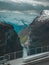 Fjord Geiranger Fjord with ferry boats, view from Ornesvingen viewing point, Norway. Travel destination