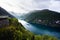 Fjord Geirangerfjord with cruise ship, view from Ornesvingen viewing point, Norway. Travel destination