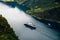 Fjord Geirangerfjord with cruise ship, view from Ornesvingen viewing point, Norway. Travel destination