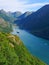 Fjord Geirangerfjord with ferry boat, Norway