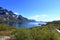Fjord landscape from Austnesfjorden rest area on Sildpollen bay, Lofoten islands Austvagoya, Norway