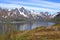 Fjord landscape from Austnesfjorden rest area on Sildpollen bay, Lofoten islands Austvagoya, Norway