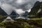 Fjord Milford Sound on cloudy day