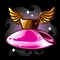 Flacon with pink liquid, cap with wings in sparks cloud. Fairy bottle with magical potion. Image in cartoon style