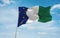 flag of Africans of European ancestry English people in South Africa at cloudy sky background, flag representing ethnic group or