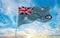 flag of Air Force Ensign of Australia , Australia at cloudy sky background on sunset, panoramic view. Australian travel and