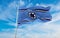 flag of Air Force Ensign , Israel at cloudy sky background on sunset, panoramic view. Israeli travel and patriot concept. copy