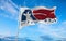 flag of Allen, Texas at cloudy sky background on sunset, panoramic view. Patriotic concept about Albuquerque, New Mexico and copy
