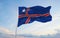 flag of Ambassador , Chile at cloudy sky background on sunset, panoramic view. Chilean travel and patriot concept. copy space for