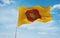 flag of Anglo-Frisian peoples Lancastrians at cloudy sky background, panoramic view.flag representing ethnic group or culture,