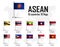 Flag of ASEAN Association of Southeast Asian Nation and membership with flagpole on world map background . Vector