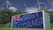 Flag of Australia and ENERGY STORAGE text on a battery container at wind turbines, 3d rendering