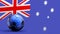 Flag of Australia with metal soccer ball, national soccer flag, soccer world cup, football european soccer, american and african