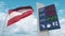 Flag of Austria and gas station sign board with rising fuel prices. Conceptual 3D animation