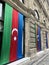 Flag of Azerbaijan on buildings and streets. Baku landscapes. Flame towers. Modern architecture 1