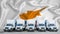 Flag in the background. Five new white trucks are parked in the parking lot. Truck, transport, freight transport. Freight and