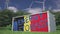 Flag of Belgium and ENERGY STORAGE text on a battery container at wind turbines, 3d rendering