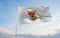 flag of Biobio Region , Chile at cloudy sky background on sunset, panoramic view. Chilean travel and patriot concept. copy space
