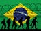 Flag of Brazil - Refugees near barbed wire fence. Migrants migrates to other countries.