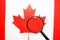 The flag of CANADA looks through a magnifying glass. Study of the history and culture and people of the country of Canada. The