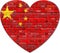 Flag of China on a brick wall in heart shape