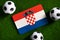 Flag of Croatia. Football balls on a green lawn