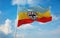 flag of Cundinamarca , Colombia at cloudy sky background on sunset, panoramic view. Colombian travel and patriot concept. copy