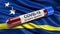 Flag of Curacao waving in the wind with a positive Covid-19 blood test tube. 3D illustration concept.