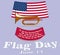 Flag Day card. Poster for June 14 Birthday of American Stars and Stripes. USA Star-Spangled Banner above vintage cavalry horn