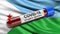 Flag of Djibouti waving in the wind with a positive Covid-19 blood test tube. 3D illustration concept.