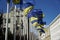 Flag of the EU and Ukraine on the flagpole on the wind at House of Chimeras in Kyiv