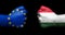 Flag of European Union and Hungary painted on two clenched fists