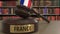 Flag of France on falling judges gavel in court. National justice or jurisdiction related conceptual 3D rendering