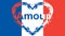 Flag of France with a large decorative heart in the flags colors and word Amour french for Love in the middle