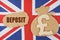 On the flag of Great Britain, a bag with a money symbol and a cardboard with the inscription - deposit