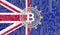 flag of Great Britain And The Flag Of The European Union and bitcoin, Integrated Circuit Board pattern. Bitcoin Stock Growth.