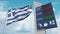 Flag of Greece and gas station sign board with rising fuel prices. Conceptual 3D rendering