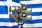 Flag of Greece. Loudspeaker on Greece flag background