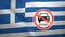 Flag of Greece with the sign of Diesel fuel ban. CO2 regulation of emissions. 3D illustration