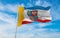 flag of Holy Cross Voivodeship, wojewodztwo swietokrzyskie , Poland at cloudy sky background on sunset, panoramic view. Polish