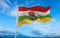 flag of Ibero-Romance peoples Riojanos at cloudy sky background, panoramic view. flag representing ethnic group or culture,