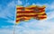 flag of Ibiza , Spain at cloudy sky background on sunset, panoramic view. Spanish travel and patriot concept. copy space for wide