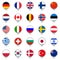 Flag icon set. Map pointers or markers with flags of USA, UK, Holland, Germany, Italy, Canada, France, Russia, China, Finland.