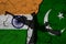 Flag of India and Pakistan on embossed cracked ground with a silhouette of a machine gun and hand. Conflict Concept of India and