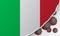 Flag of Italy with outbreak deadly coronavirus covid-19. A large real coronavirus bacteriums against background of the flag