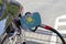 Flag of Kazakstan on the car`s fuel filler flap.