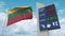 Flag of Lithuania and gas station sign board with rising fuel prices. Conceptual 3D animation