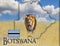 Flag Map of Botswana on which is a picture of a lion. There is the text of Botswana and flag. There is It is national african